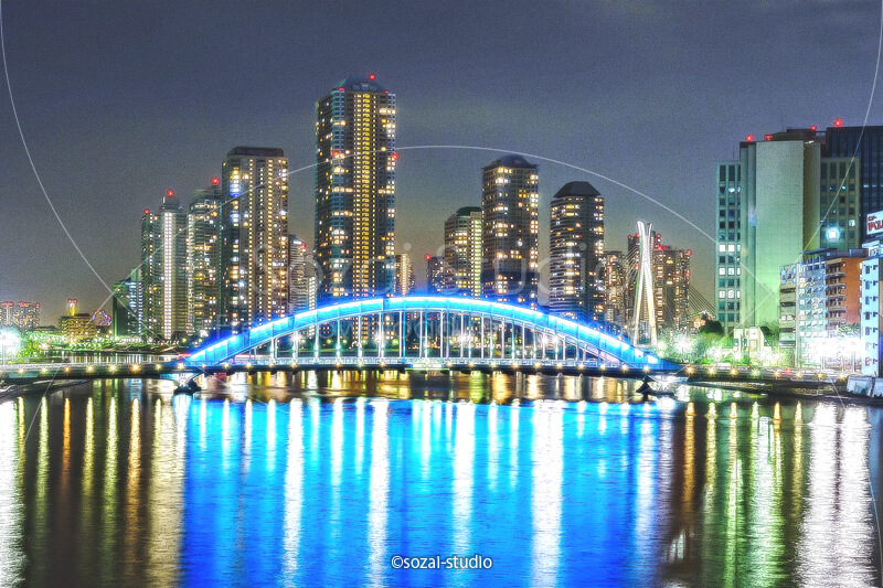 ブログ記事無料アイキャッチ画像：永代橋と中央大橋夜景４素材｜素材スタジオ