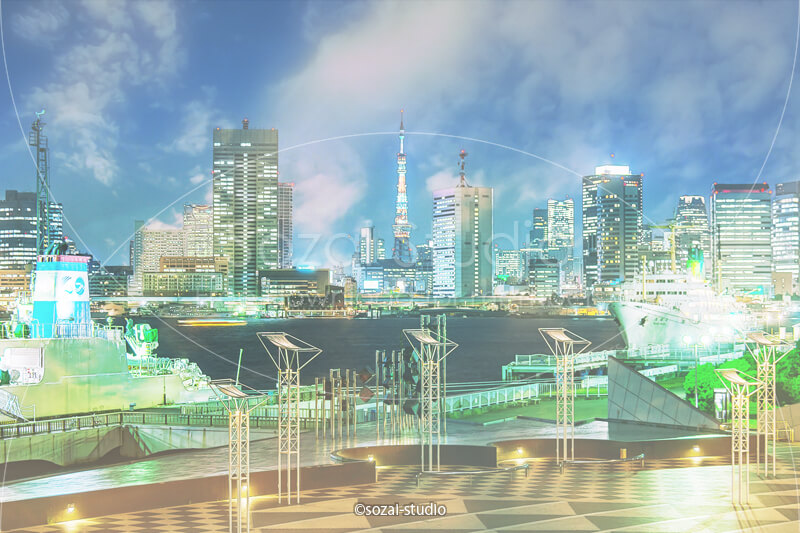 ブログ記事無料アイキャッチ画像：晴海埠頭と東京の夜景４素材｜素材スタジオ