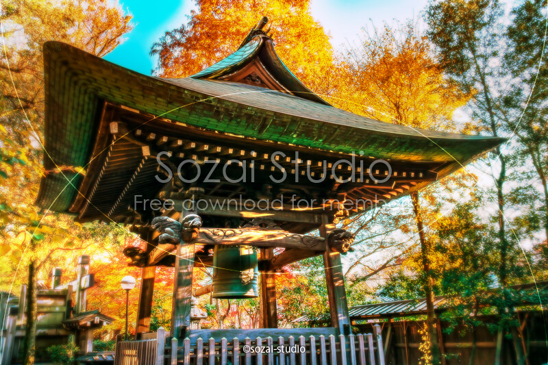 ブログ記事無料アイキャッチ画像：お寺の紅葉 鐘つき堂４素材｜素材スタジオ