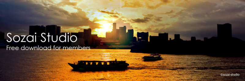 ブログヘッダー用無料画像：東京湾の夕景 夕日と屋形船 3素材