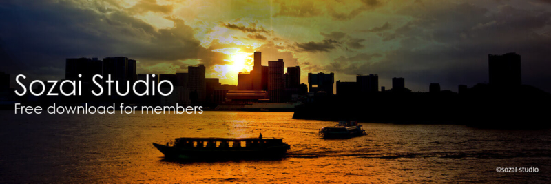 ブログヘッダー用無料画像：東京湾の夕景 夕日と屋形船 3素材